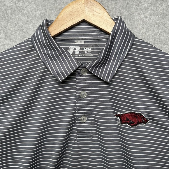 Arkansas Razorbacks Russell Polo Collared Dri-Fit Golf Shirt Men Med Gray White - Picture 1 of 9